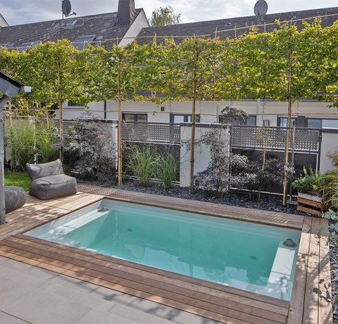 Pool mit Holzumrandung von Schmitt Pool- & Gartendesign